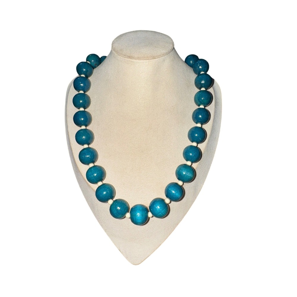 Beaded Necklace Teal Blue Wood Statement Jewelry‎ Bohemian Style